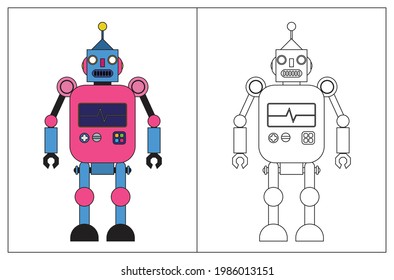 Funny robot cartoon, coloring book or page. Vector illustration.