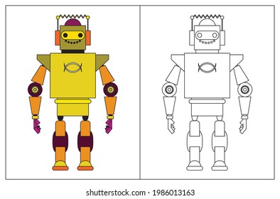Funny robot cartoon, coloring book or page. Vector illustration.