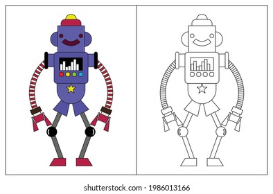 Funny robot cartoon, coloring book or page. Vector illustration.