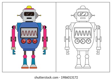 Funny robot cartoon, coloring book or page. Vector illustration.