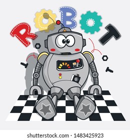 Funny robot cartoon sitting on chess board background illustration vector.