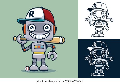 Funny Robot Cartoon Wearing Hat With Baseball Equipment