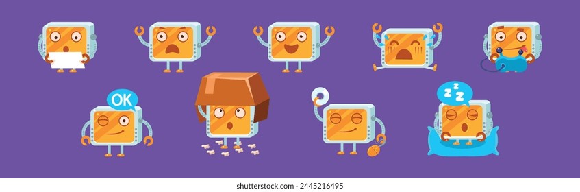 Funny Robot Character Engaged in Different Activity Vector Set