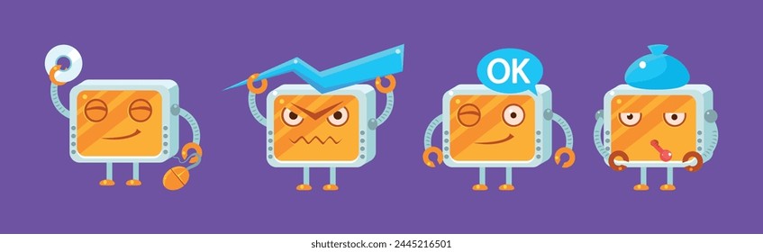 Funny Robot Character Engaged in Different Activity Vector Set