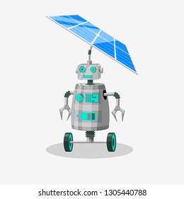 Funny robot character with wheels running on a solar battery. Vector illustration.