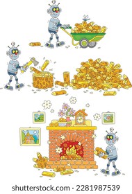 Funny robot chopping firewood on a backyard, carrying chopped billets in a handcart and putting them in a burning fireplace of a village house, set of vector cartoon illustrations