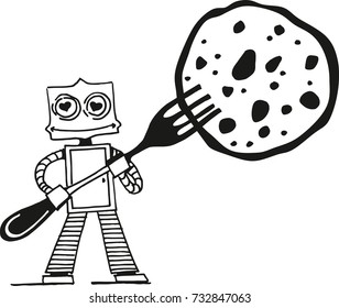 
Funny robot with cookies and forks, black and white