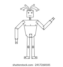 Funny robot cyborg hand drawn ink sketch line art vector illustration. Kind machine resembling a human with glasses friendly  vintage character  for card, print, design, paper, poster, icon, flyer