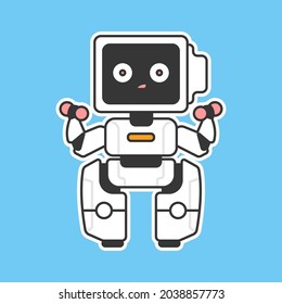 Funny robot with dumbbell vector cartoon character isolated on background.