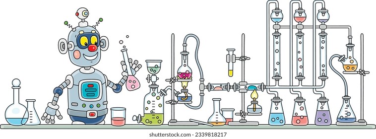 Funny robot during an experiment with reagents and equipment at a chemistry lesson in a school class, vector cartoon illustration isolated on a white background