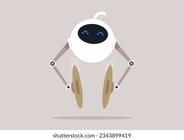A funny robot enthusiastically makes loud sounds by clashing its brass cymbals together with an unabashed and attention-grabbing enthusiasm