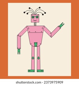 Funny robot flat vector illustration in cartoon style. Kind  machine resembling a human with glasses for card, print, design, paper, poster, icon. Hand drawn friendly vintage cyborg character 