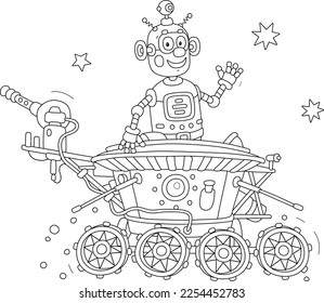 Funny robot friendly smiling, waving in greeting and piloting a small lunar rover somewhere beyond the planet Earth, black and white outline vector illustration for a coloring book