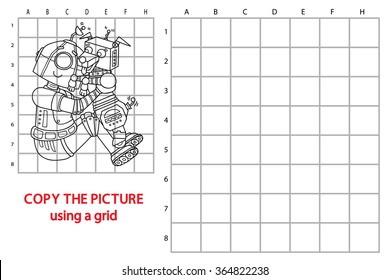 funny robot game. Vector illustration of grid copy puzzle with happy cartoon robot for children