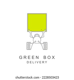 Un gracioso robot sostiene una caja. Diseño del logotipo de la empresa de entrega aislado en blanco