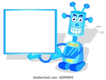 funny robot holds a clear board