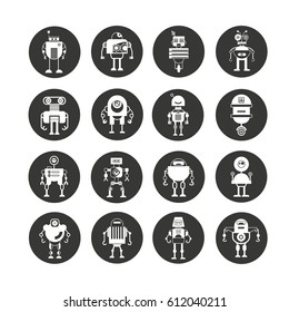 funny robot icon set in circle buttons