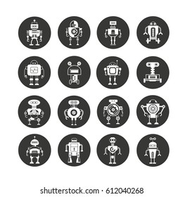 funny robot icon set in circle buttons