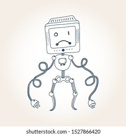 Funny robot illustration. Colorful vector cartoon mascot character isolated on white background. Recharging concept. Sad face expression, feeling down. Print, coloring book design element.