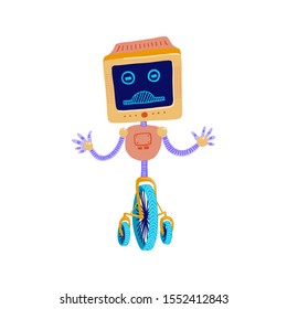 Funny robot illustration. Colorful vector cartoon mascot character isolated on white background. It is standing on three wheels with puzzled or confused face expression.