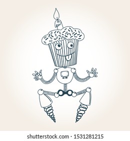 Funny robot illustration. Line vector cartoon mascot character isolated on white background. Kids' birthday party concept. Cupcake with a candle as head, jumping. Print, coloring book design element.