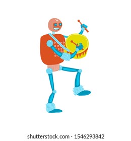 Funny robot illustration. Marching with drum. Colorful vector cartoon mascot character isolated on white background.