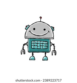 Funny robot isolated on white. Childish style icon, character for your design