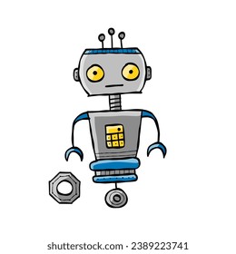 Funny robot isolated on white. Childish style icon, character for your design