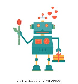 Funny robot in love. Flat style vector illustration.