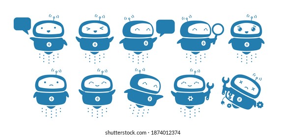 Funny Robot mascot character set. Support service-center. Chat bot. Search with magnifying. All tasks. Cartoon flat vector silhouette illustration.