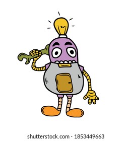Gracioso robot mecánico con una llave y bombillas en su cabeza. Cuta caricatura kawaii carácter infantil asustado y divertido. Fondo blanco. Diseño plano. Vector