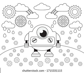 Funny Robot On The Background Of Gears And Nuts. Coloring Book For Kids