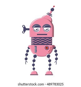 Funny robot pink color in vintage style. Isolated vector cartoon  illustration on white background. Happy children retro robot.