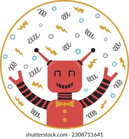 Funny robot in a round frame against a background of springs and nuts. Children's vector illustration.