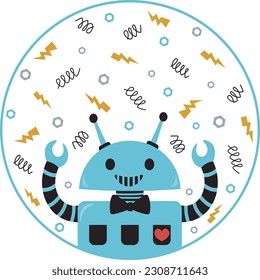 Funny robot in a round frame against a background of springs and nuts. Children's vector illustration.