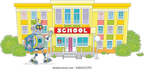 Funny robot with its schoolbag friendly smiling, waving in greeting and going to school, vector cartoon illustration isolated on a white background