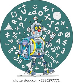 Funny robot schoolboy with its schoolbag, friendly smiling, waving in greeting, surrounded by mathematical formulas and symbols, vector cartoon illustration isolated on a white background