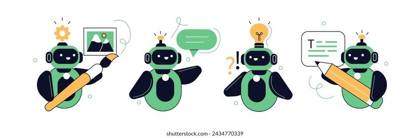 Funny robot set. Cute cyborg or chat bot creating artwork, drawing text, answering questions. Vector illustration on white background 