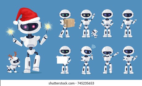 Funny robot set of icons with white beautiful cyborg and his friend on blue background. Vector illustration with robot-man and deer in different poses