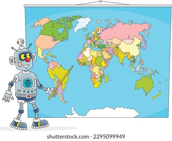 Funny Roboter-Lehrer, der auf Grafschaften auf einer Weltkarte verweist und sie in einer politischen Geografie-Lektion in der Schule beschreibt, Vektorgrafik-Illustration einzeln auf weißem Hintergrund