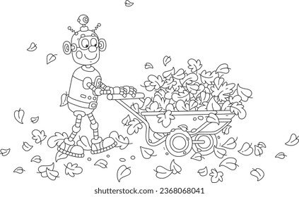 Funny robot villager wheeling its cart full of fallen leaves from an autumnal garden in countryside, black and white outline vector cartoon illustration for a coloring book