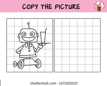 Funny robot waiter. Copy the picture. Coloring book. Educational game for children. Cartoon vector illustration