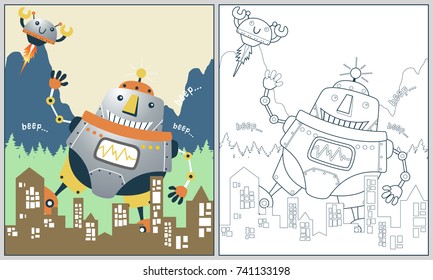 Funny robots attack city, vector cartoon illustration, coloring book or page