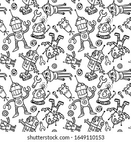 
Funny robots, cartoon, black and white, pattern