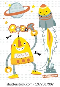 Funny robots cartoon with space elements