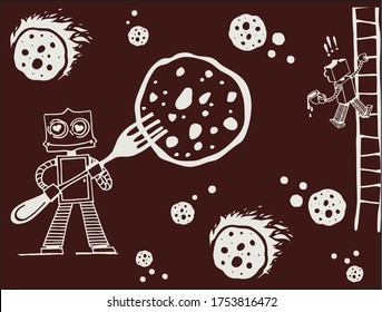 
Funny robots, cook, eat, climb the stairs, catch cookies. Catch komenty. Vector clipart. Illustration.