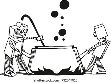 

Funny robots, cooks, ready to eat on fire, black and white

Funny robots, cooks, ready to eat on fire, black and white