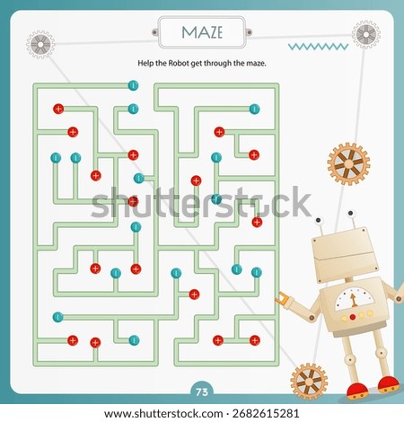 Funny Robots Maze game for children. Help Robot find correct path. Vector illustration. Labyrinth for kids activity book. Book square format.