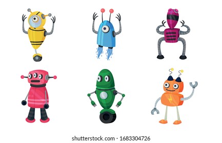 Funny Robots with Metallic Body and Limbs Moving Around Vector Set