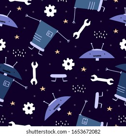 Funny robots seamless pattern with scandinavian drawing style. Robot hand drawn colorful cyborg character. Vector illustration for kids, and baby apparel fashion textile print, blue colors theme.